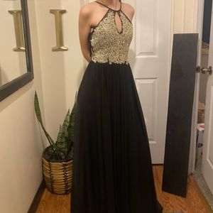 My Michelle long formal dress with gold appliqué and gemstone detail size 0